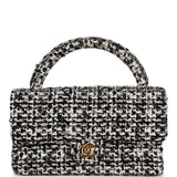 Chanel Vintage Kelly Parent Flap Black and White Sequin Tweed Gold Hardware