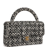 Chanel Vintage Kelly Parent Flap Black and White Sequin Tweed Gold Hardware