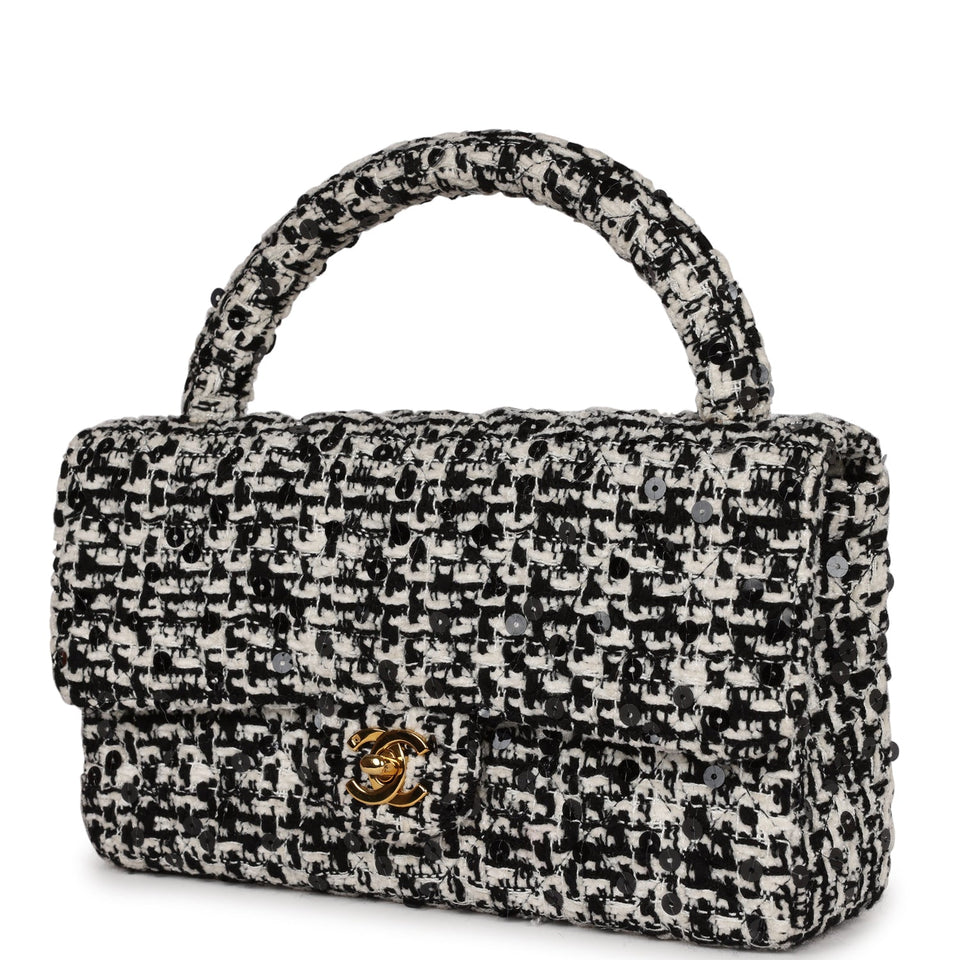 Chanel Vintage Kelly Parent Flap Black and White Sequin Tweed Gold Hardware