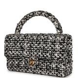 Chanel Vintage Kelly Parent Flap Black and White Sequin Tweed Gold Hardware