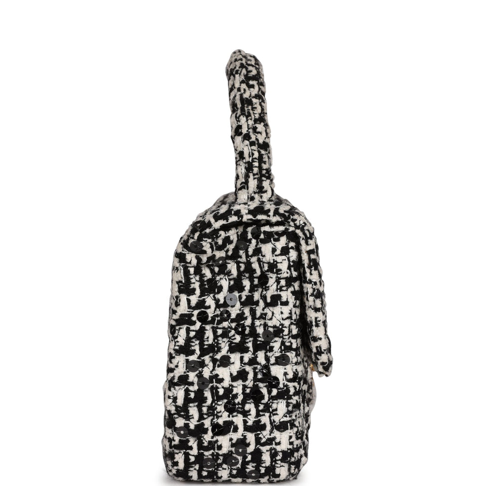 Chanel Vintage Kelly Parent Flap Black and White Sequin Tweed Gold Hardware