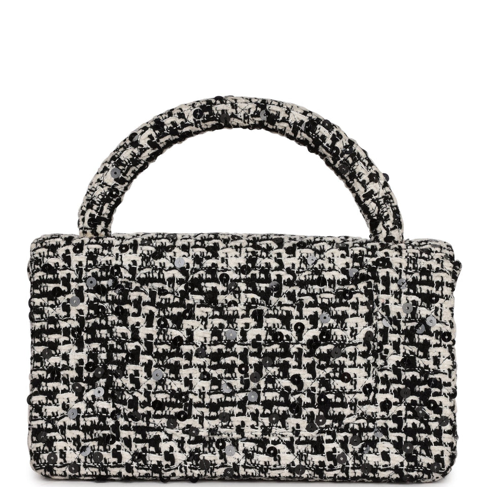 Chanel Vintage Kelly Parent Flap Black and White Sequin Tweed Gold Hardware