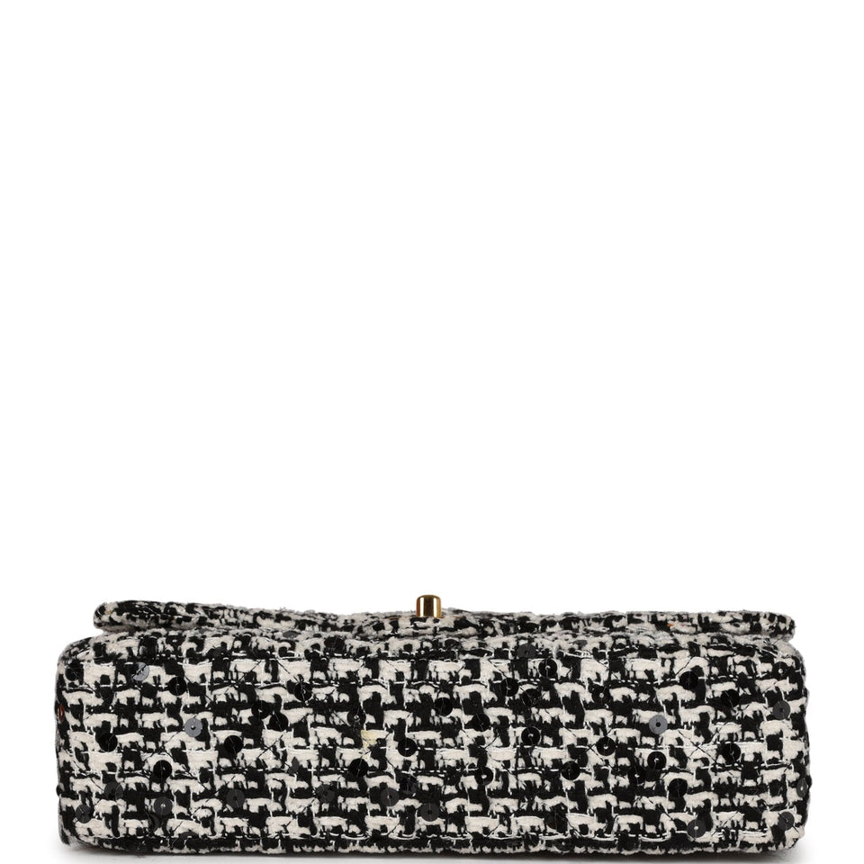 Chanel Vintage Kelly Parent Flap Black and White Sequin Tweed Gold Hardware