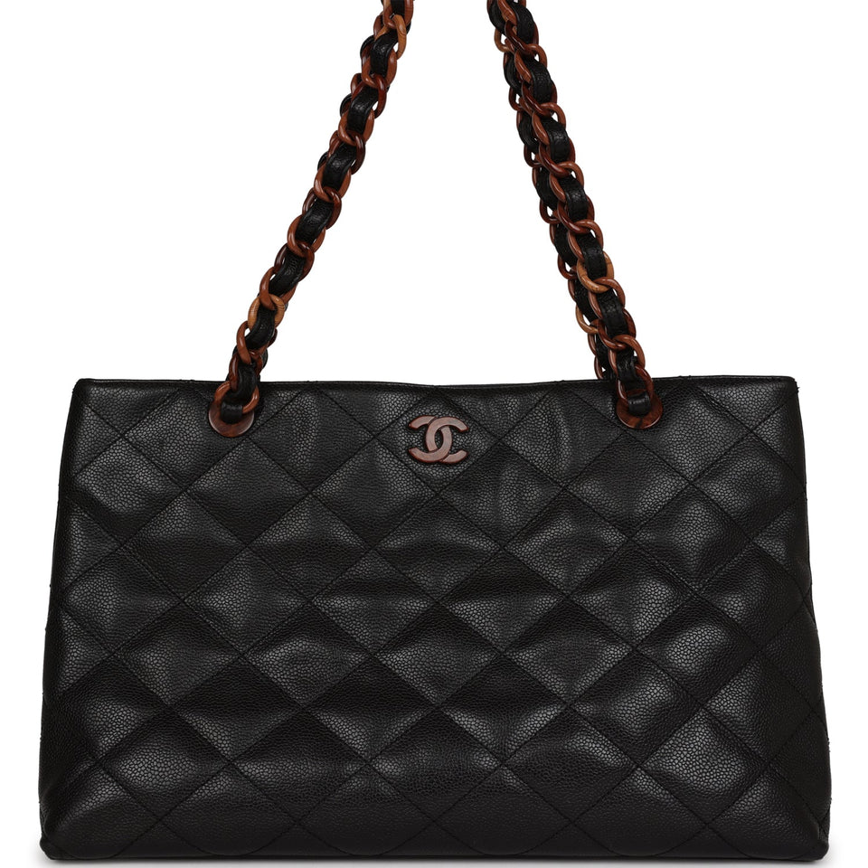 Chanel Vintage Quilted CC Tote Black Caviar Tortoiseshell Bakelite Hardware