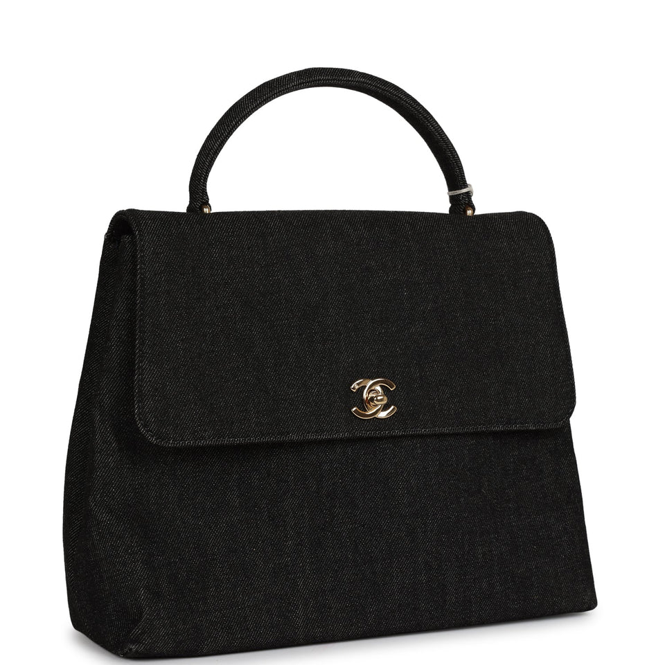 Chanel Vintage Kelly Top Handle Bag Black Denim Gold Hardware