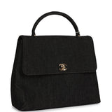 Chanel Vintage Kelly Top Handle Bag Black Denim Gold Hardware