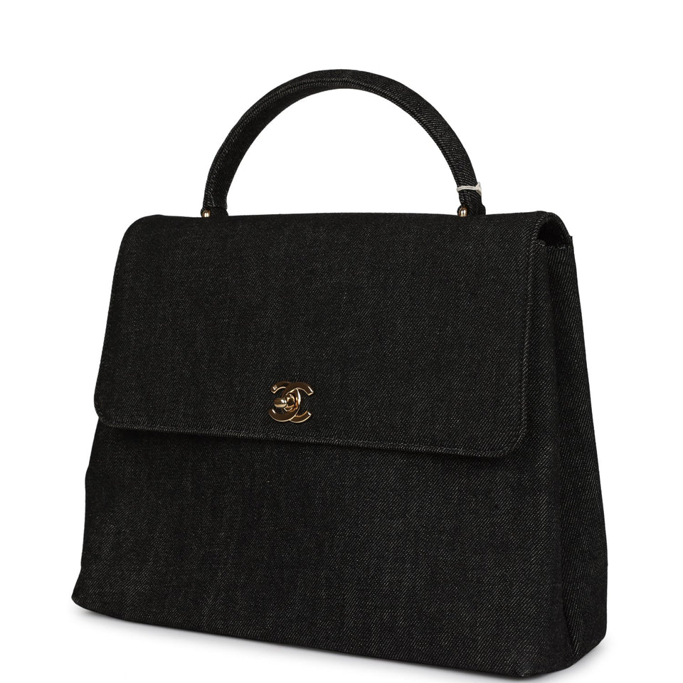 Chanel Vintage Kelly Top Handle Bag Black Denim Gold Hardware
