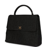 Chanel Vintage Kelly Top Handle Bag Black Denim Gold Hardware