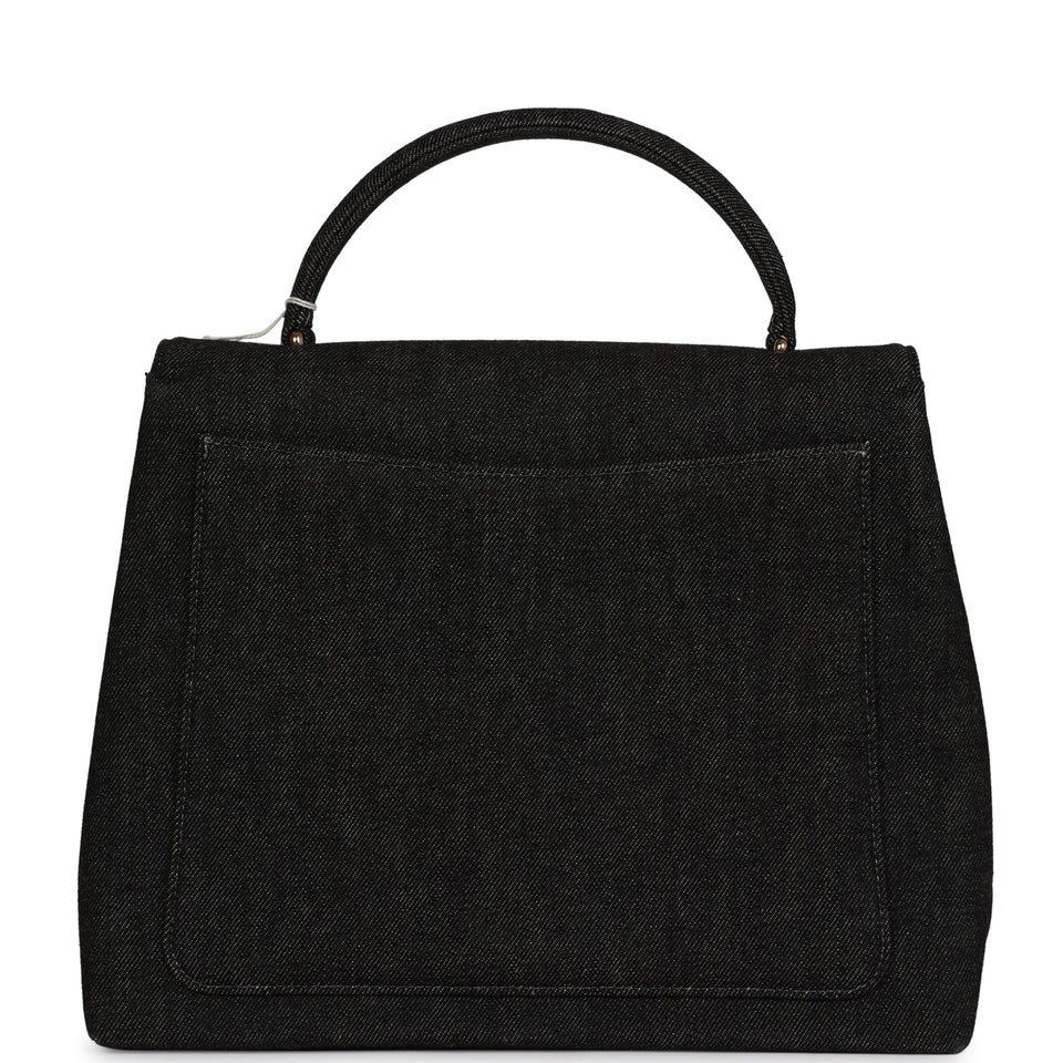 Chanel Vintage Kelly Top Handle Bag Black Denim Gold Hardware