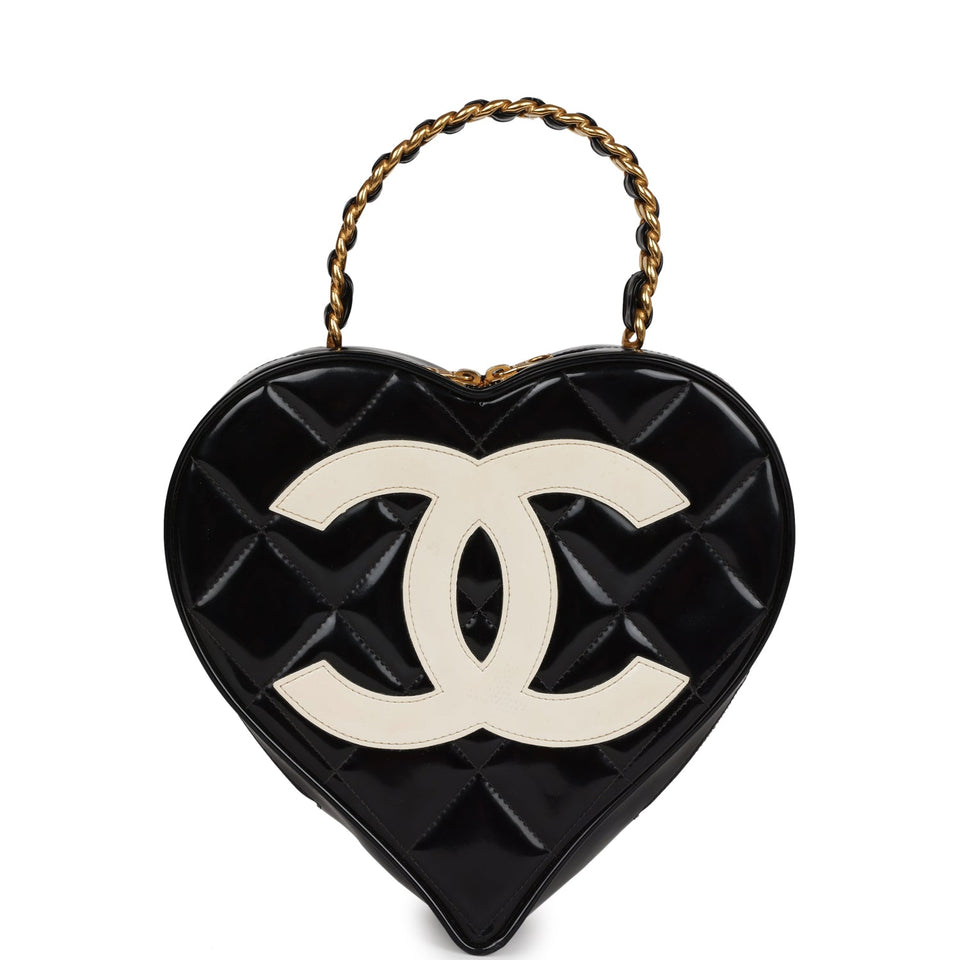 Chanel Vintage Heart Vanity Bag Black and White Patent Antique Gold Hardware