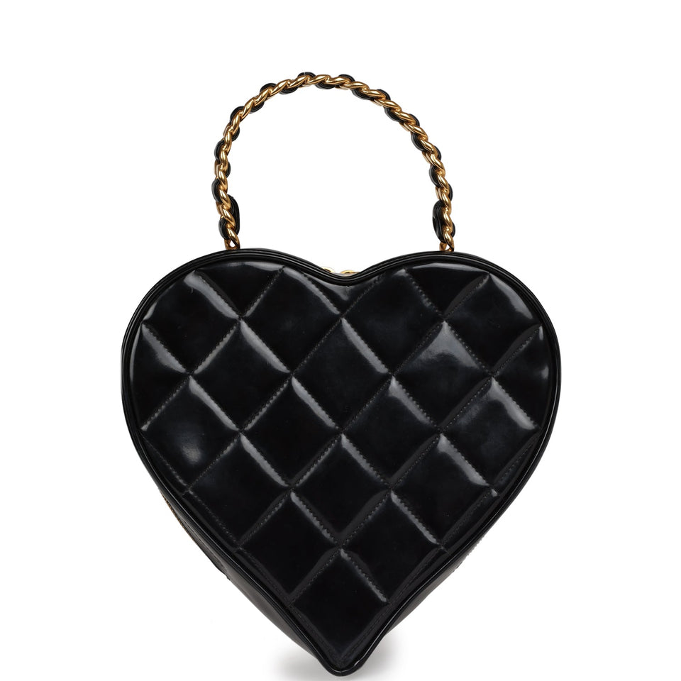 Chanel Vintage Heart Vanity Bag Black and White Patent Antique Gold Hardware