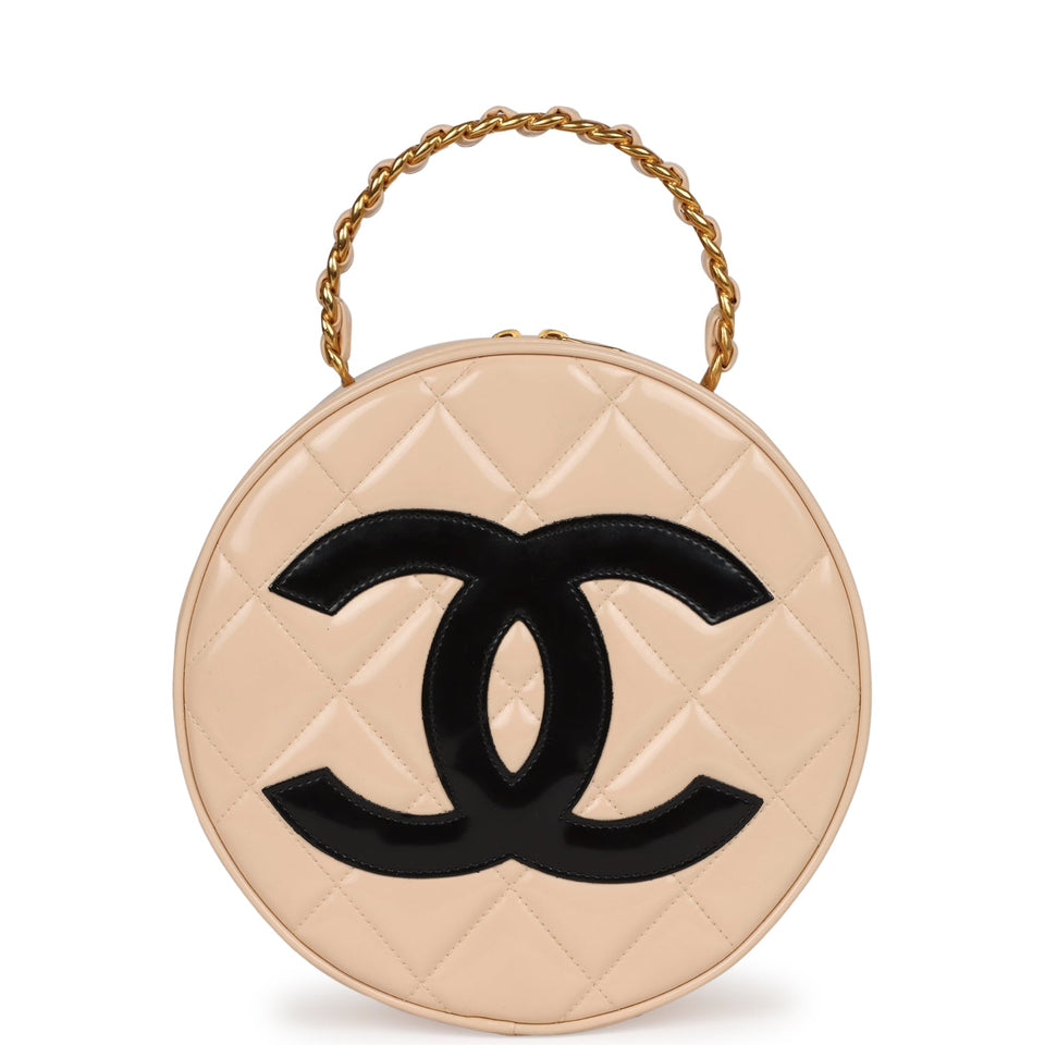 Chanel Vintage Round Vanity Bag Beige and Black Patent Leather Antique Gold Hardware