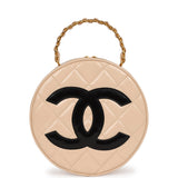 Chanel Vintage Round Vanity Bag Beige and Black Patent Leather Antique Gold Hardware