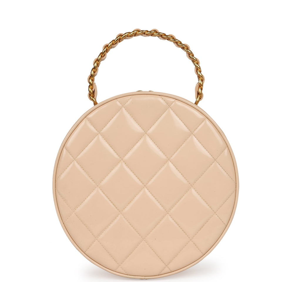 Chanel Vintage Round Vanity Bag Beige and Black Patent Leather Antique Gold Hardware