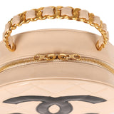 Chanel Vintage Round Vanity Bag Beige and Black Patent Leather Antique Gold Hardware