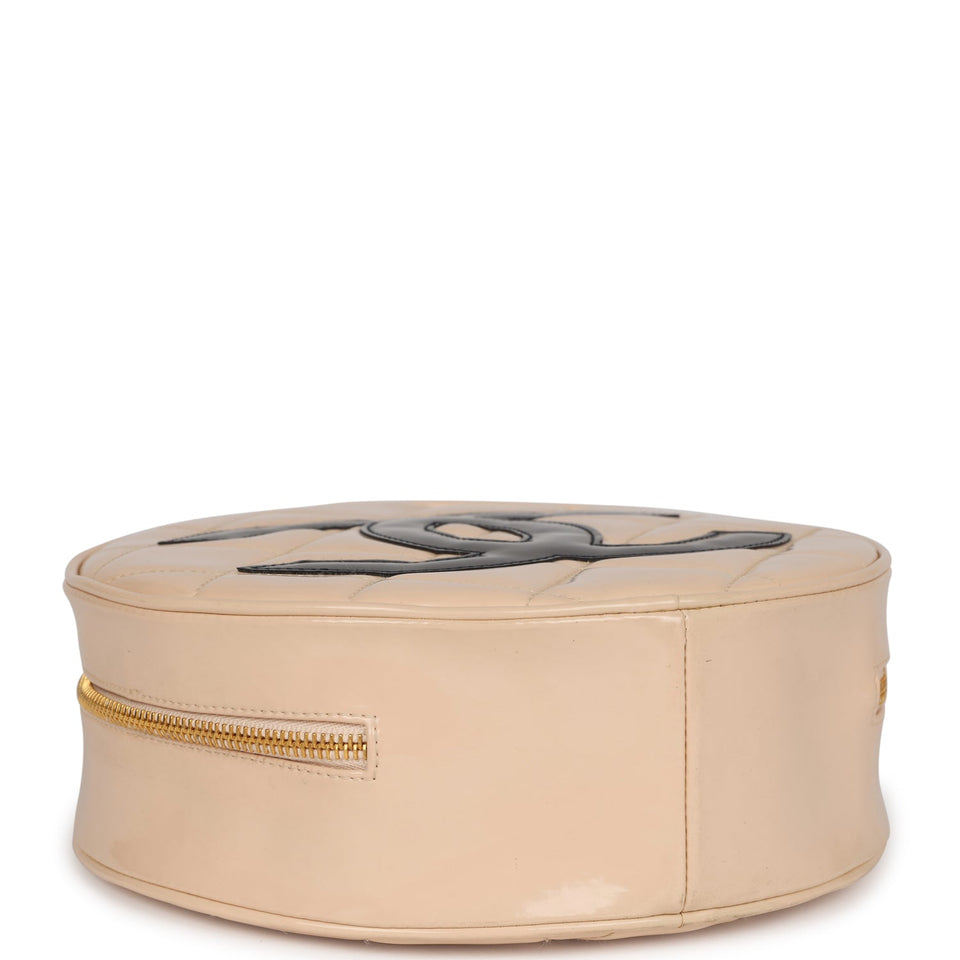 Chanel Vintage Round Vanity Bag Beige and Black Patent Leather Antique Gold Hardware