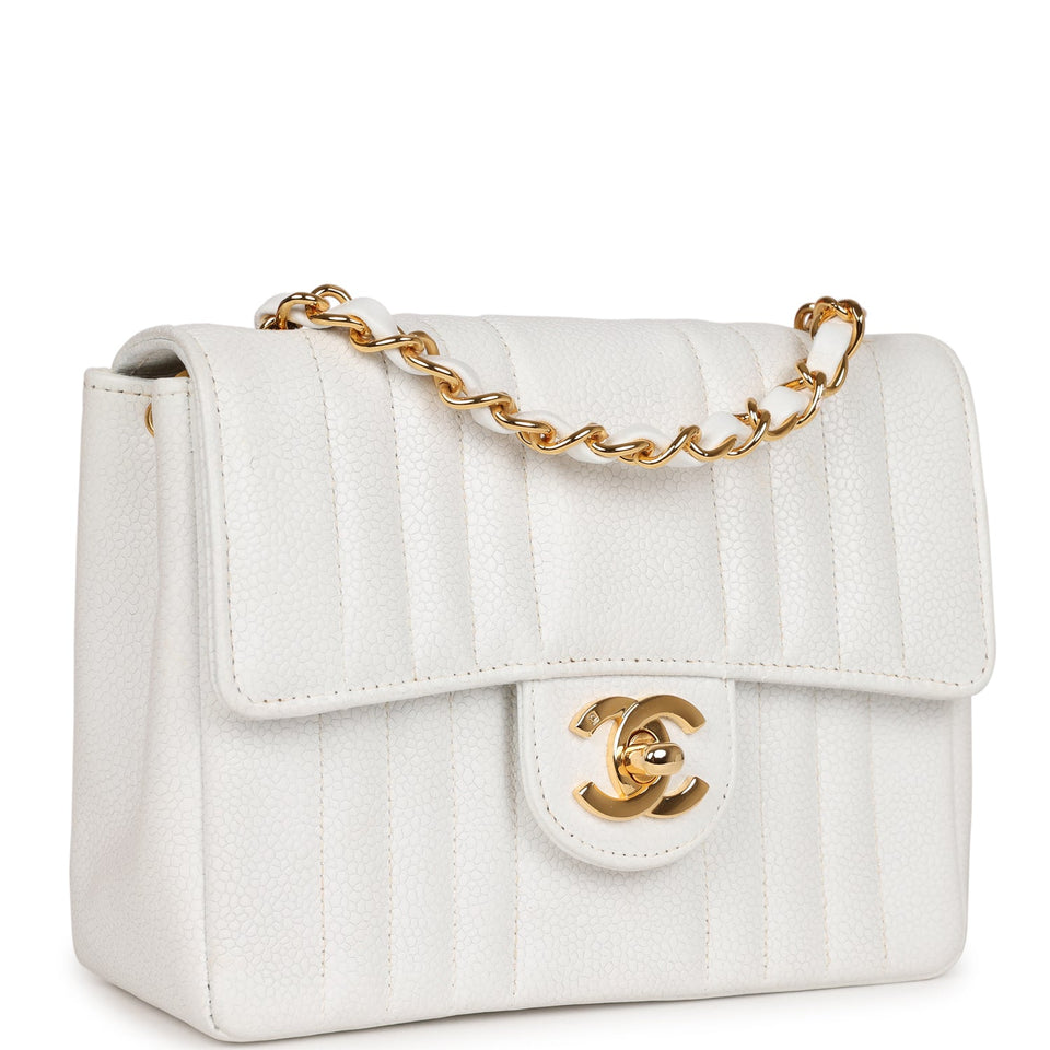 Chanel Vintage Mini Square Flap Vertical Stripe White Caviar Gold Hardware