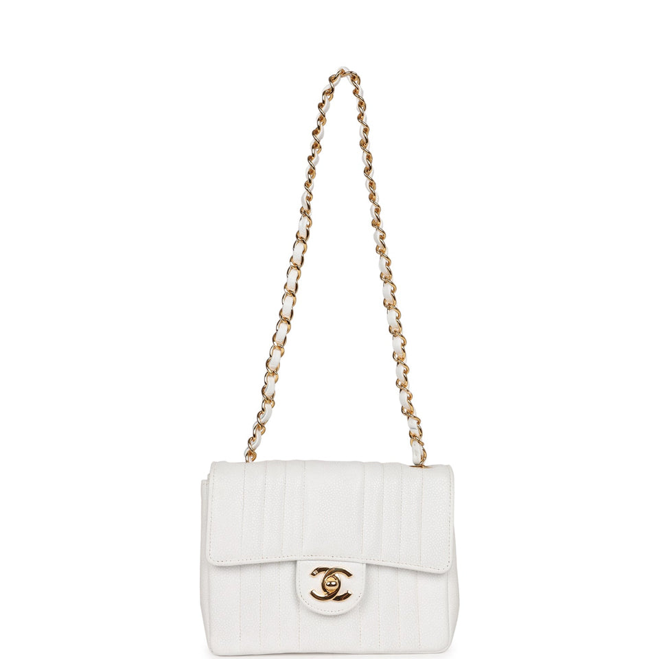 Chanel Vintage Mini Square Flap Vertical Stripe White Caviar Gold Hardware