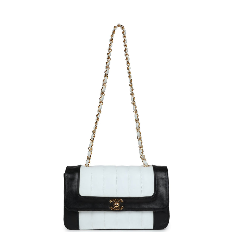 Chanel Vintage Small Mademoiselle Flap White and Navy Lambskin Gold Hardware