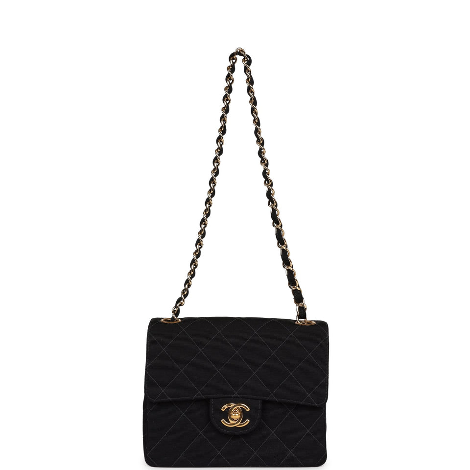 Chanel Vintage Mini Square Flap Bag Black Canvas Gold Hardware