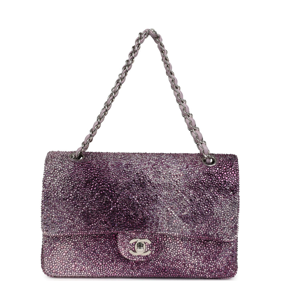 Custom Swarovski Crystal Chanel Vintage Medium Classic Double Flap Purple Lambskin Silver Hardware