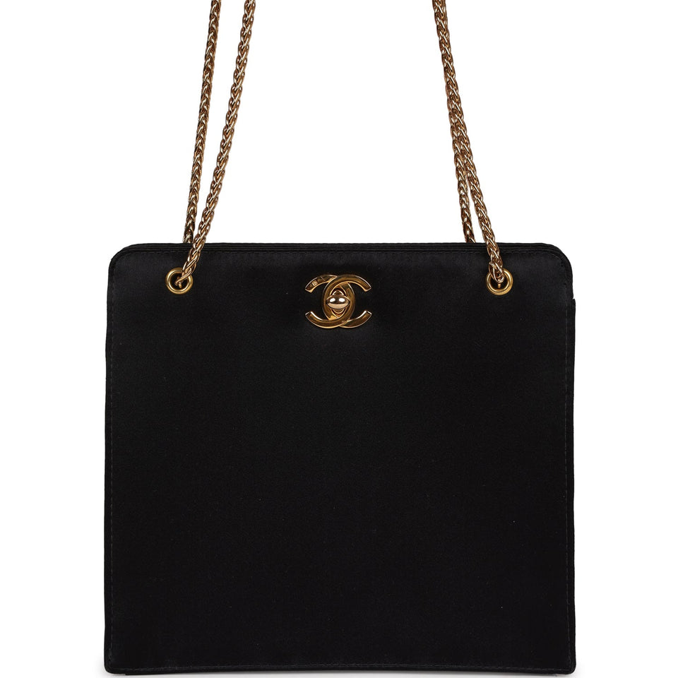 Chanel Vintage Square Shoulder Bag Black Satin Gold Hardware