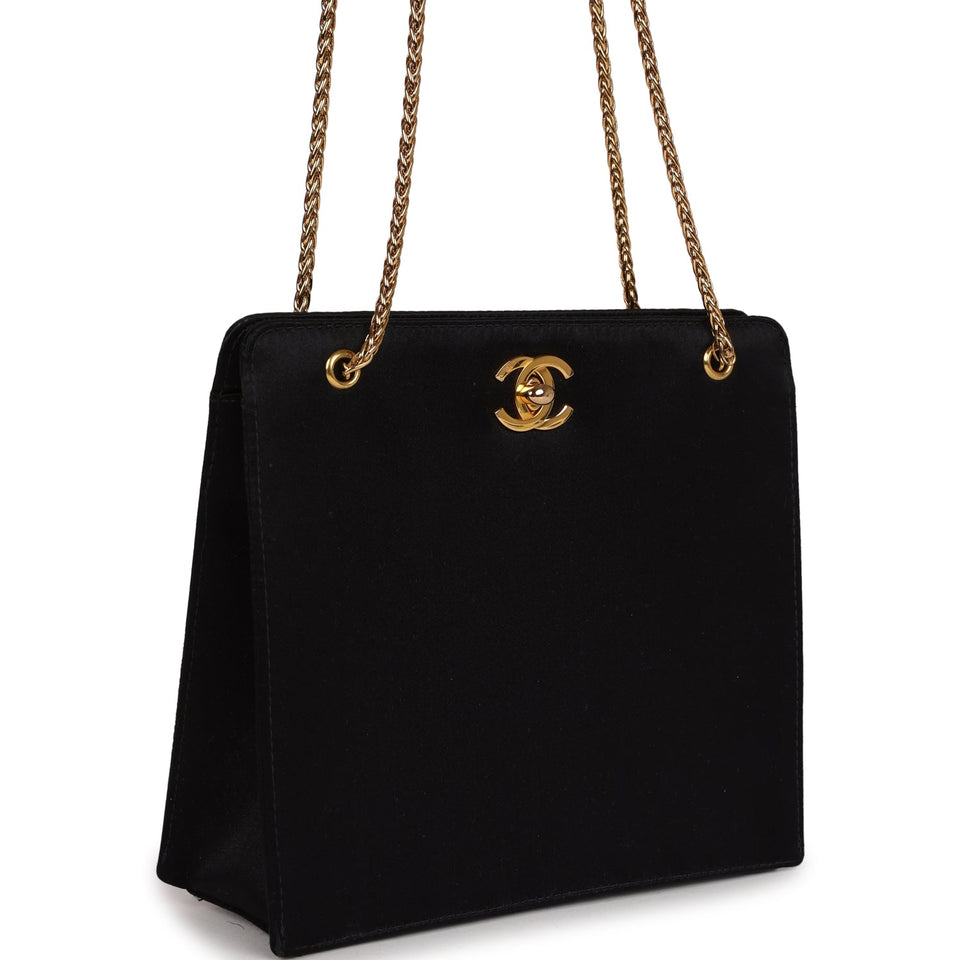 Chanel Vintage Square Shoulder Bag Black Satin Gold Hardware