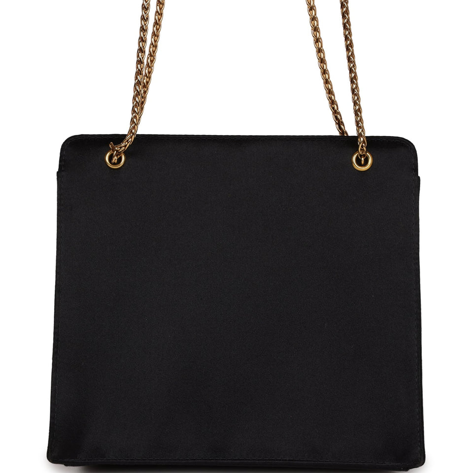 Chanel Vintage Square Shoulder Bag Black Satin Gold Hardware