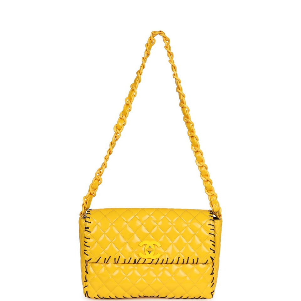Chanel Vintage XL Jumbo Stitch Flap Bag Yellow Patent Leather Yellow Acrylic Hardware