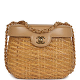 Chanel Vintage Basket Bag Beige Lambskin and Rattan Wicker Gold Hardware