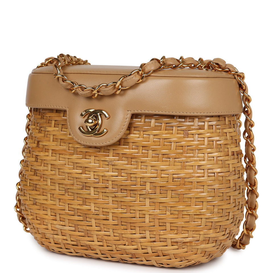Chanel Vintage Basket Bag Beige Lambskin and Rattan Wicker Gold Hardware