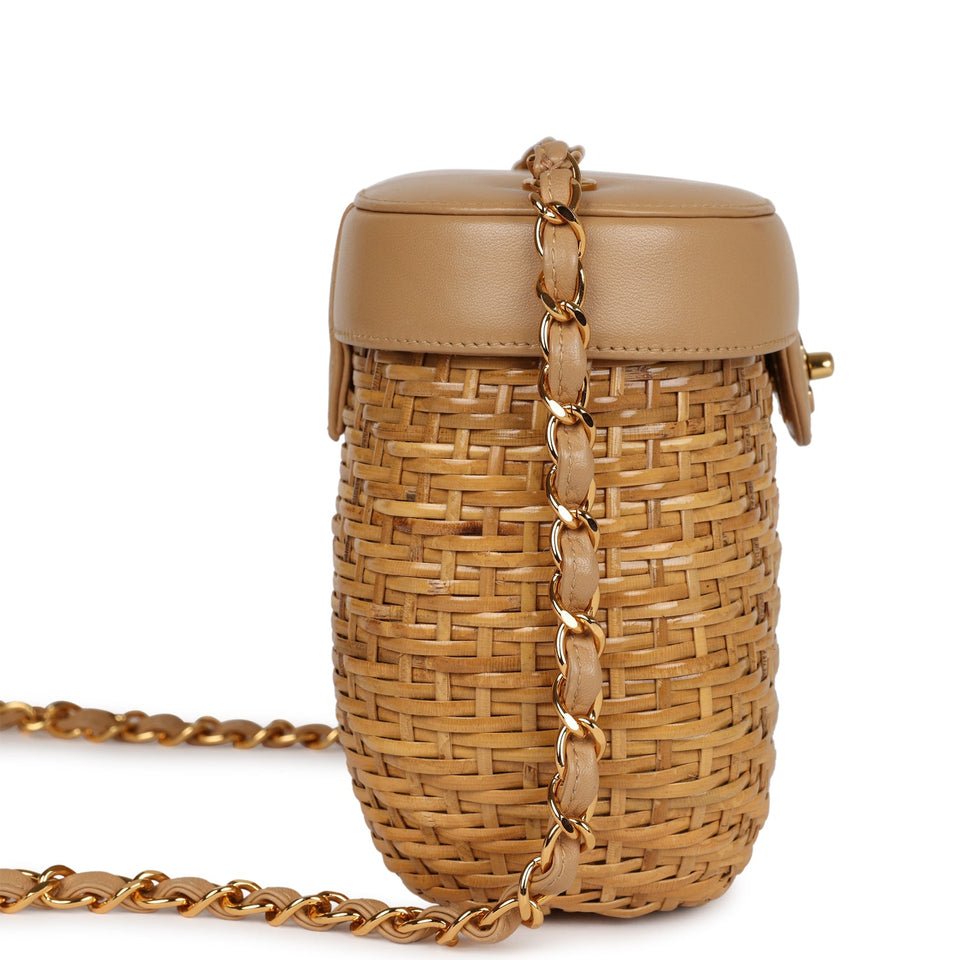 Chanel Vintage Basket Bag Beige Lambskin and Rattan Wicker Gold Hardware