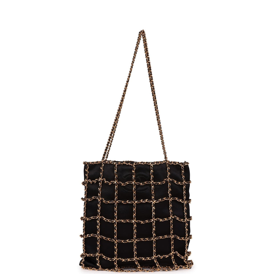 Chanel Vintage Chain Frame CC Shopping Tote Black Satin Gold Hardware