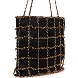Chanel Vintage Chain Frame CC Shopping Tote Black Satin Gold Hardware
