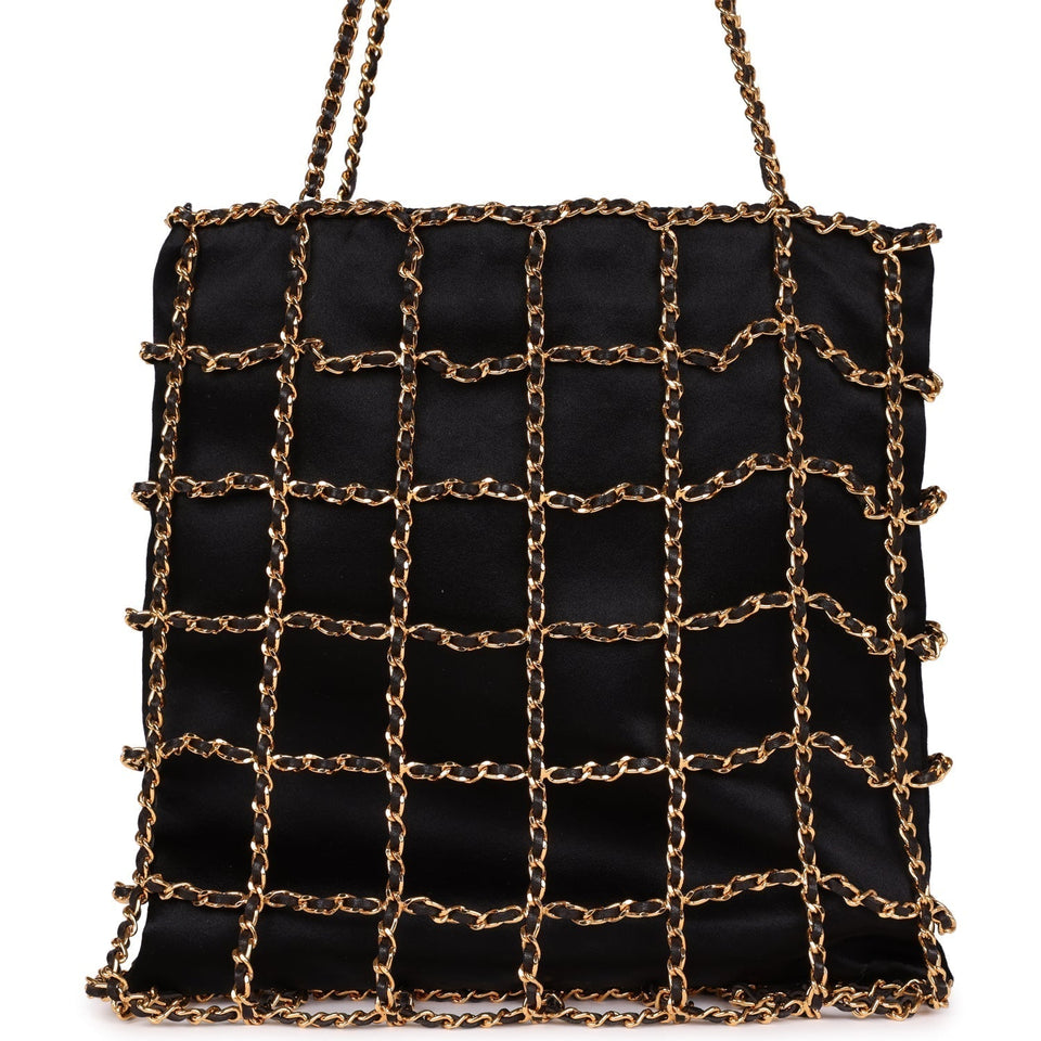 Chanel Vintage Chain Frame CC Shopping Tote Black Satin Gold Hardware