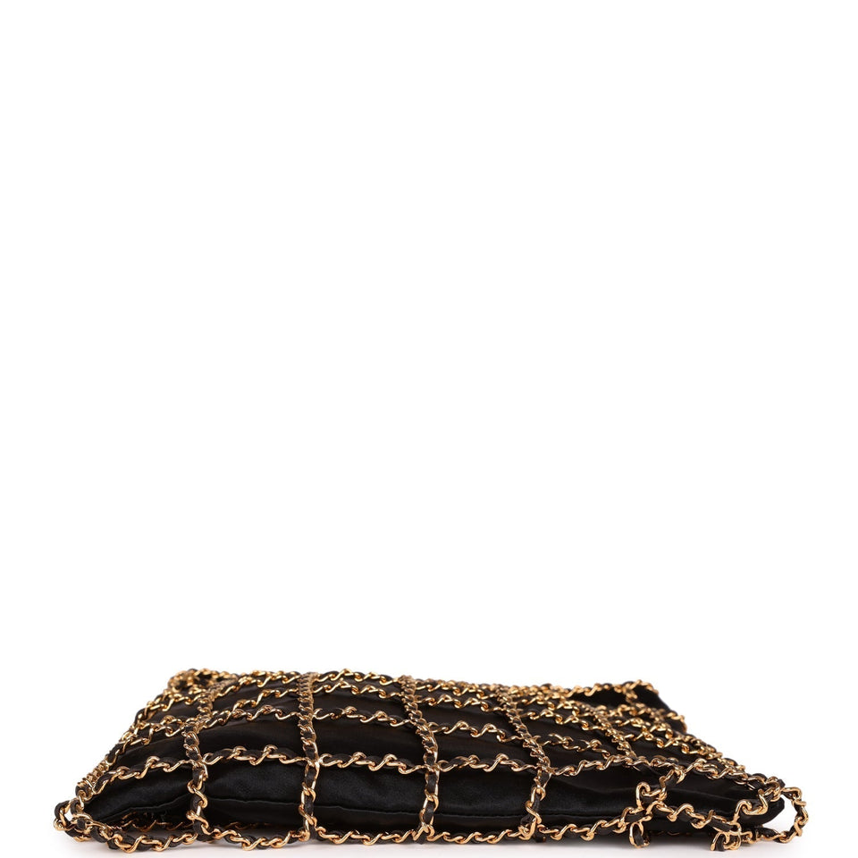 Chanel Vintage Chain Frame CC Shopping Tote Black Satin Gold Hardware