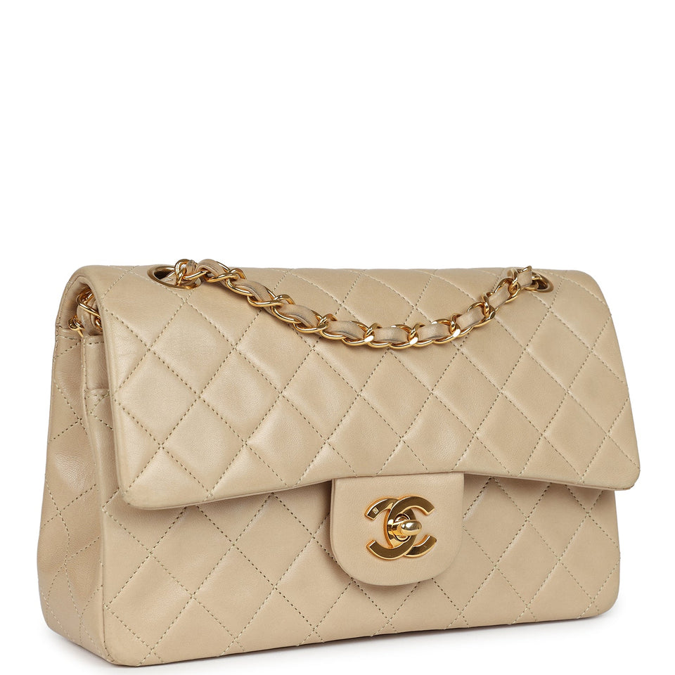 Chanel Vintage Small Classic Double Flap Beige Lambskin Gold Hardware