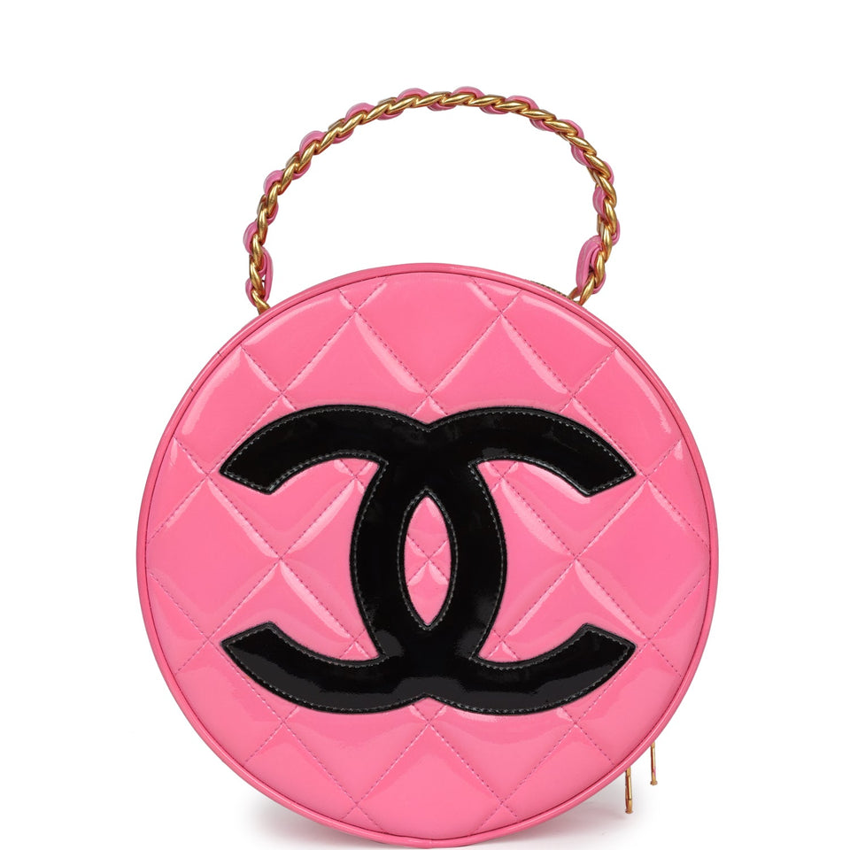 Chanel Vintage Round Vanity Bag Pink and Black Patent Leather Antique Gold Hardware