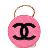 Chanel Vintage Round Vanity Bag Pink and Black Patent Leather Antique Gold Hardware