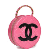 Chanel Vintage Round Vanity Bag Pink and Black Patent Leather Antique Gold Hardware