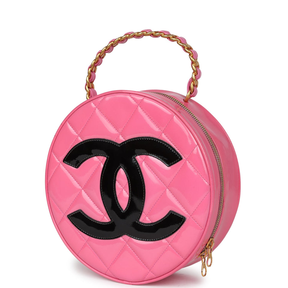 Chanel Vintage Round Vanity Bag Pink and Black Patent Leather Antique Gold Hardware