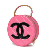 Chanel Vintage Round Vanity Bag Pink and Black Patent Leather Antique Gold Hardware