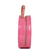 Chanel Vintage Round Vanity Bag Pink and Black Patent Leather Antique Gold Hardware