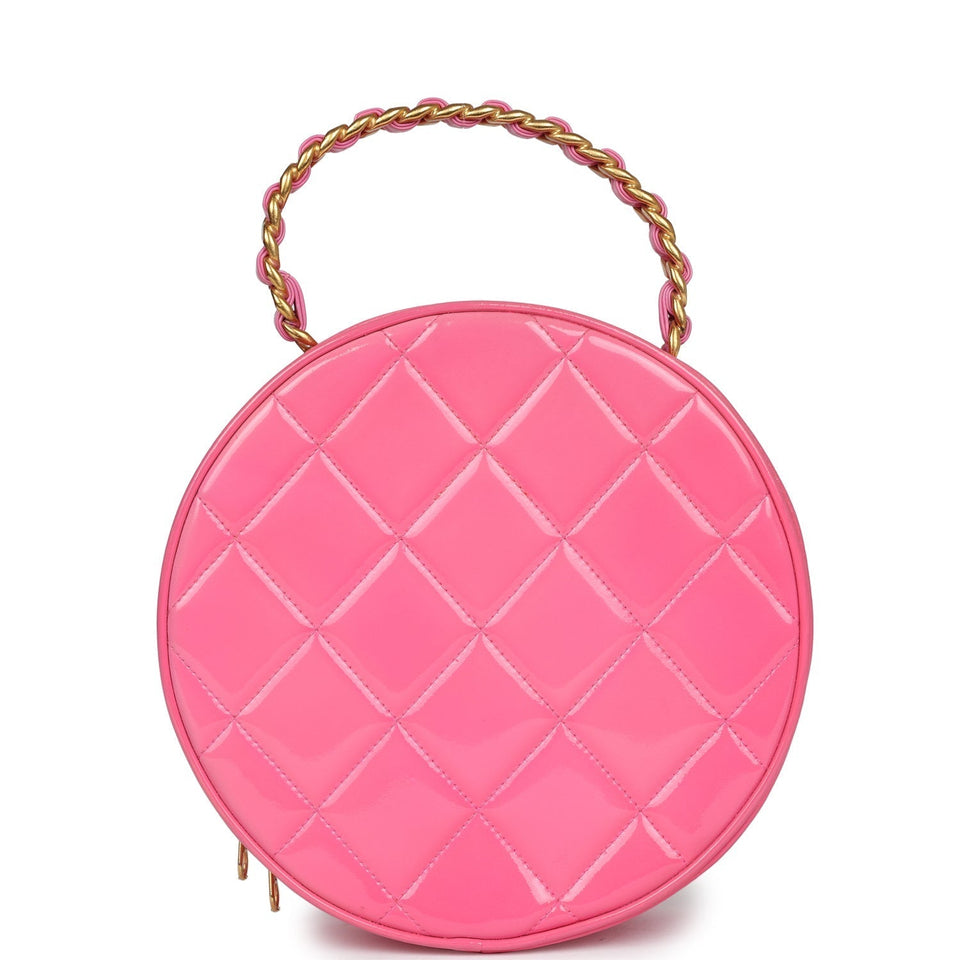 Chanel Vintage Round Vanity Bag Pink and Black Patent Leather Antique Gold Hardware