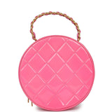 Chanel Vintage Round Vanity Bag Pink and Black Patent Leather Antique Gold Hardware