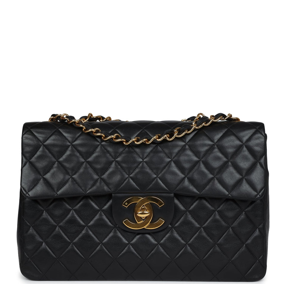 Chanel Vintage XL Jumbo Flap Bag Black Lambskin Gold Hardware