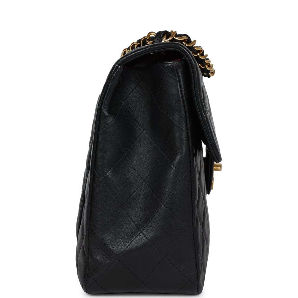 Chanel Vintage XL Jumbo Flap Bag Black Lambskin Gold Hardware