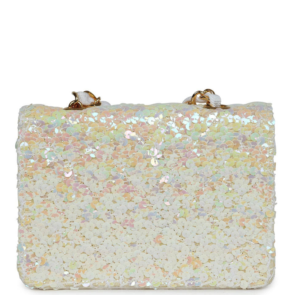 Chanel Vintage Micro Half Flap Iridescent Ivory Sequin Gold Hardware