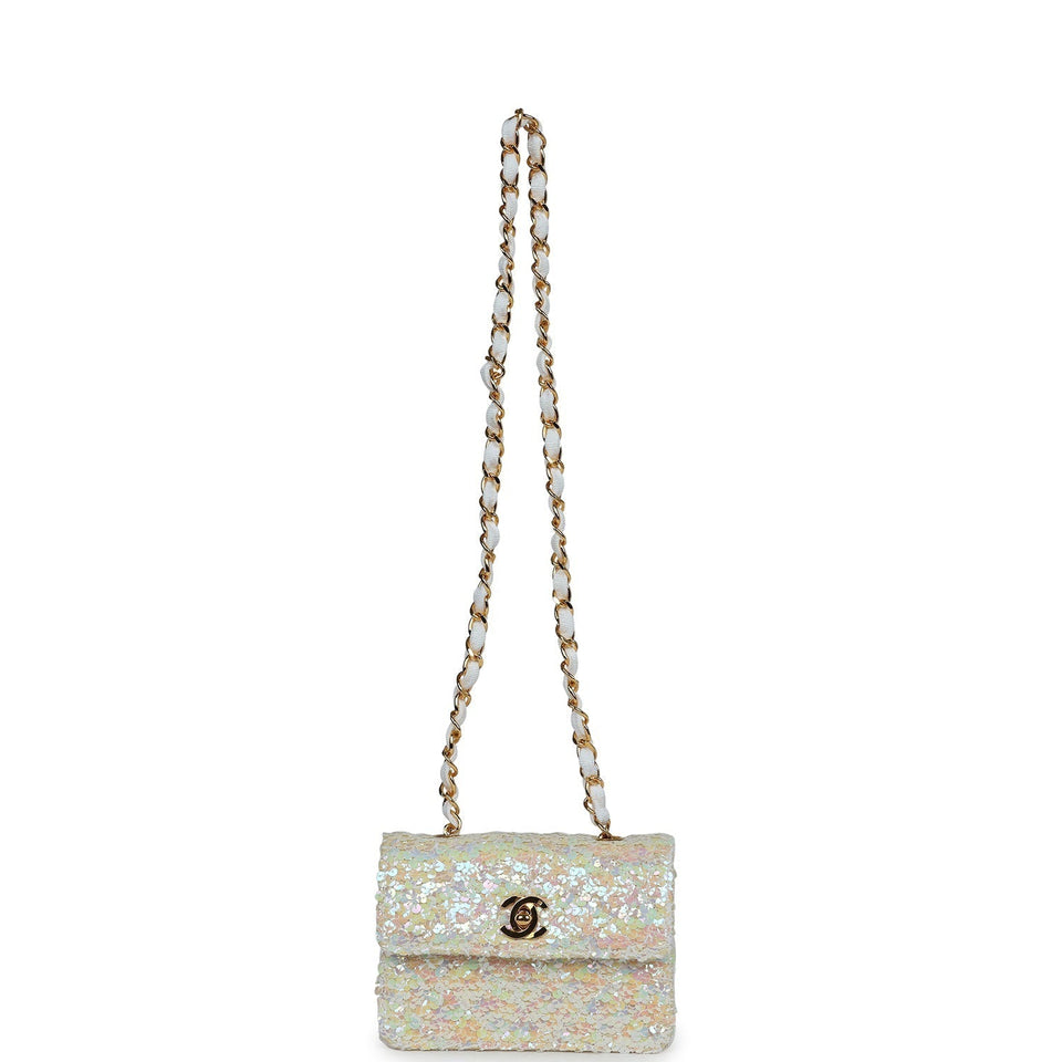 Chanel Vintage Micro Half Flap Iridescent Ivory Sequin Gold Hardware