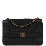 Chanel Vintage Vertical Border Flap Bag Black Linen and Lambskin Gold Hardware